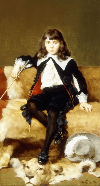 Portrait of a Boy, Seated Full Length, on a Sofa Draped with a Lion Skin by Geza Vastagh