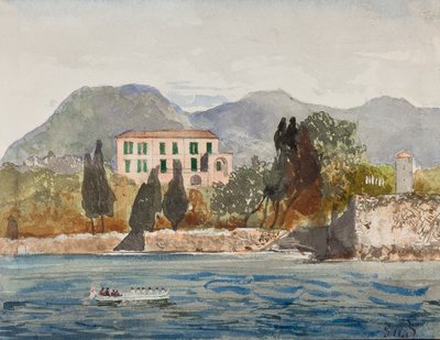 Rowing barge with the Borbone flag approaching a large house on the Neapolitan coast, with additions by Prince Gaetano Maria Federico di Borbone by Giacinto Gigante