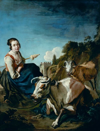 A Girl with a Cow and Sheep in a Rocky Landscape by Giacomo Ceruti