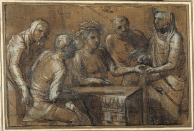 Five figures in an interior by Giacomo (attr. to) Cavedone