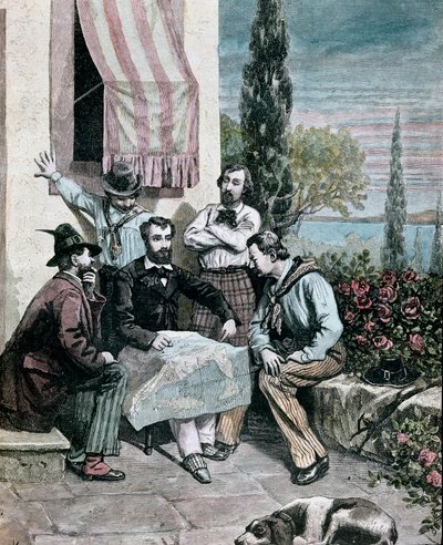 Risorgimento: The Exiles in Corfu, Including Brothers Attilio and Emilio Bandiera, Study an Italian Map for an Expedition by Giacomo Mantegazza