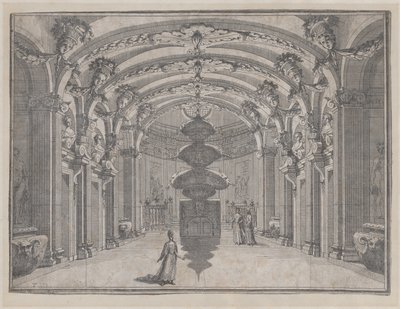 Theatrical Scene in a Great Hall with a Vaulted Ceiling and a Central Sculpture by Giacomo Maria Giovannini