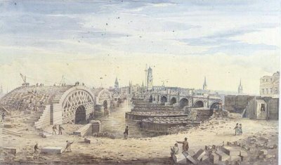 Construction of the new London Bridge alongside the old London Bridge by Gideon Yates