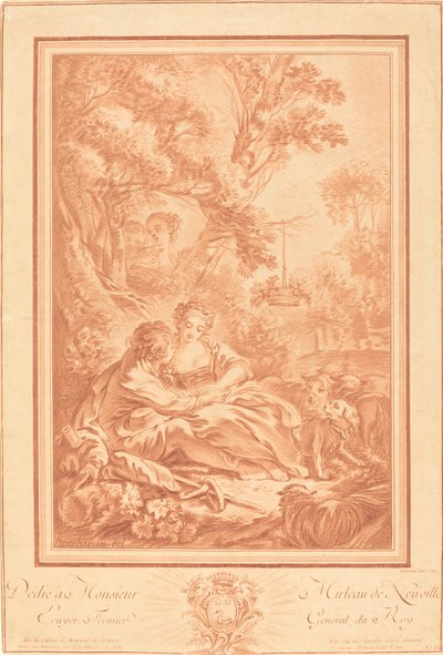 Two Lovers Seated at the Foot of a Large Tree, Surprised by Two Girls by Gilles Demarteau