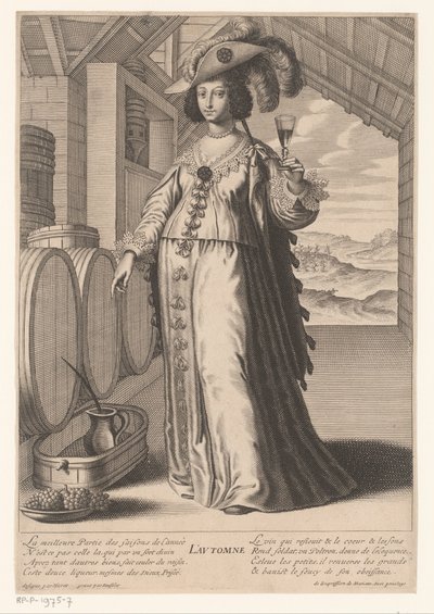 Lady with a Glass of Wine by Wine Barrels, Overlooking a Vineyard (Autumn) (Four Seasons) by Gilles Rousselet
