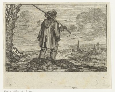 Dune Landscape with a Man, with Staff on the Shoulder from Various Beaches and Water Views by Jan Percelles by Gillis van Scheyndel (I)