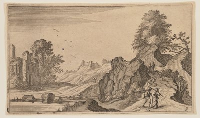 Pedestrians on a Path by Rocks, Ruins Beyond Water at Left, from Twelve Landscapes by Gillis van Scheyndel