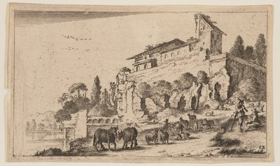 Villa Incorporating Ruins on a Rise to Right of River, from Twelve Landscapes by Gillis van Scheyndel
