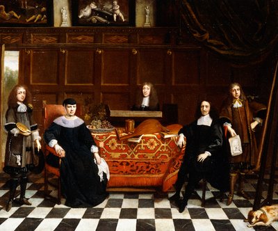 A Group Portrait of a Family seated around a Table draped with a Carpet by Gillis van Tilborgh