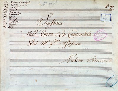 Title page of musical score of violin for symphony in Cinderella, or Goodness Triumphant by Gioacchino Rossini by Gioachino Rossini