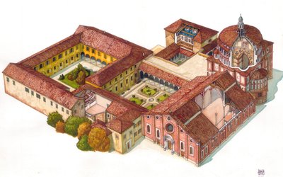 Aerial view of the church Santa Maria delle Grazie, founded in 1463 by the Dominicans, in Milan, Italy. In the refectory is visible the Last Supper by Leonardo da Vinci. by Giorgio Albertini