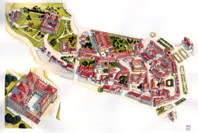 Aerial view of the city of Guimaraes: on the left the castle and monastery built in the 11th century. Portugal. Illustration by Giorgio Albertini. by Giorgio Albertini