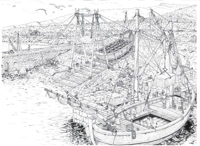Antiquity: the transport by ship of marble probably from the quarries of Carrara. 2nd century AD Italy. Illustration by Giorgio Albertini. by Giorgio Albertini