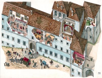 Baroque art: view and architectural section of the Chigi Palace in Ariccia, Lazio, in the 17th century. The interior of the family rooms and the dependencies of the servants are visible. Italy by Giorgio Albertini