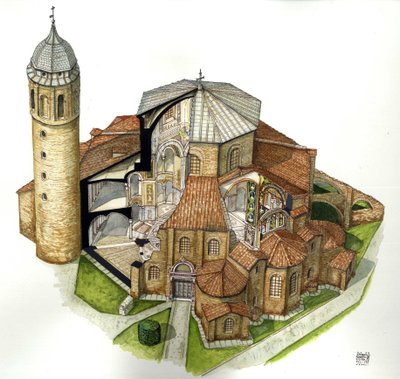 Byzantine Art: Representation of the Basilica of St. Vital in Ravenna, 5th Century, Aerial View, Italy, Illustration by Giorgio Albertini by Giorgio Albertini