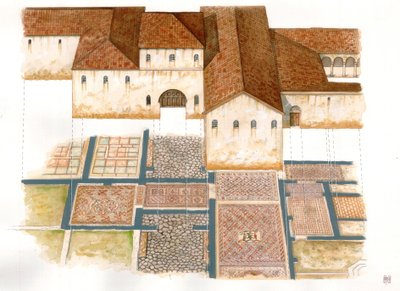 Byzantine art: view of the Domus site of stone carpets in Ravenna, 6th century, composed of Byzantine palace mosaics. by Giorgio Albertini