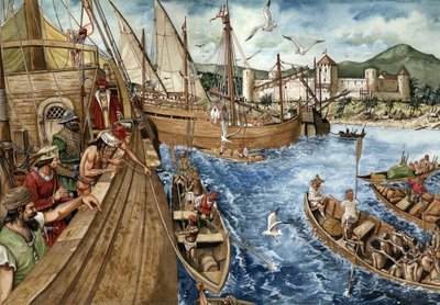 Colonization of the Gold Coast (Ghana) in Africa: Portuguese expedition on 21/01/1482, building the fort of Sao Jorge de Mina (Elmina) for gold and slave trade. Portuguese caravels along the African coasts. by Giorgio Albertini