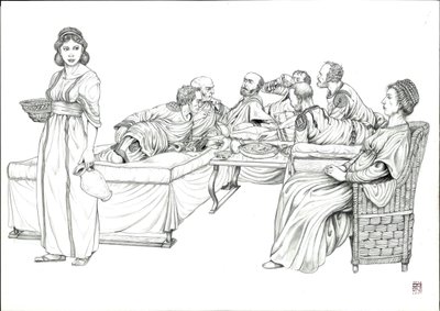 Daily Life in Ancient Rome: A Meal with the Romans, Group of Reclining Men, 5th Century by Giorgio Albertini