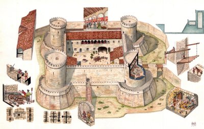 Detail aerial view of the Aragonese castle of Venosa, built by Pirro del Balzo in 1470, near Potenza, Italy. Detail views show prisoners in cells and soldiers in defense positions. by Giorgio Albertini