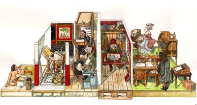 Evolution of the art of writing, offices and writings: from left to right, a scribe in ancient Egypt, antiquity then the medieval scriptorium, an explorer navigator working in his office, an office in the style of Louis XIV (17th century) by Giorgio Albertini