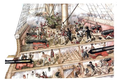 Napoleonic Wars: Battle of Trafalgar, 21/10/1805, between the Franco-Spanish fleet under Admiral Villeneuve and the British fleet commanded by Vice Admiral Nelson. Cross-section of the ship showing the interior. by Giorgio Albertini