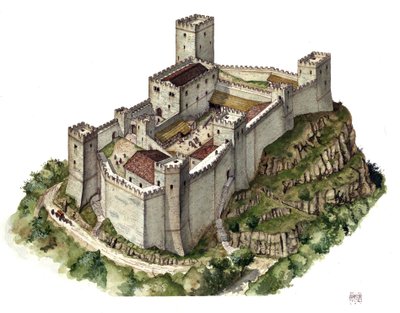 Medieval architecture: reconstruction of Canossa Castle in the 11th century, refuge of Countess Matilda of Tuscany and Pope Gregory VII. Italy. Illustration by Giorgio Albertini. by Giorgio Albertini