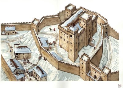 Medieval architecture: reconstruction of the castle of Udine, 14th century, Italy. Illustration by Giorgio Albertini. by Giorgio Albertini