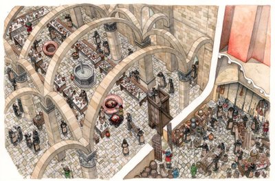 Middle Ages: a refectory and a kitchen in a monastery. Religious work to prepare community meals. 12th or 13th century by Giorgio Albertini