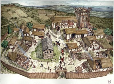 Middle Ages: aerial view of an Italian village in the 10th century. by Giorgio Albertini