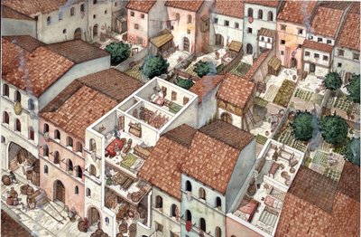 Middle Ages: aerial view of dwellings, cross-sectional views of interiors in Florence, Italy, 13th century. by Giorgio Albertini