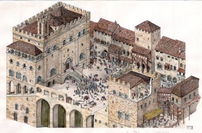 Middle Ages: aerial view of the central square of Gubbio, Umbria, Italy, 14th century. Consuls Palace visible on the left. by Giorgio Albertini