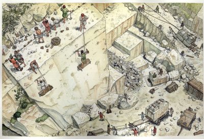 Middle Ages: Aerial View of Workers in the Marble Quarries of Carrara, 15th Century, Italy, Illustration by Giorgio Albertini by Giorgio Albertini