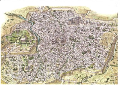 Middle Ages: detailed aerial view of Samarkand, Uzbekistan, during the Mongolian Chaybanid dynasty, around 1450. Illustration by Giorgio Albertini. by Giorgio Albertini