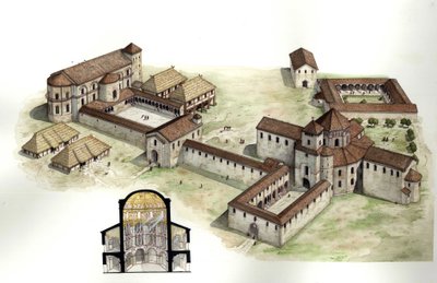 Middle Ages: Palace of Charlemagne, Aachen, Germany. Illustration by Giorgio Albertini by Giorgio Albertini