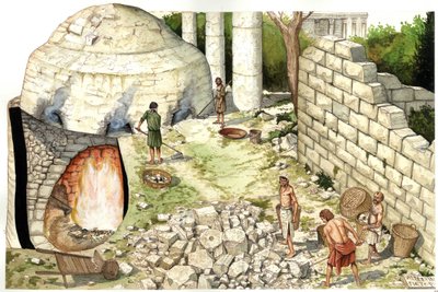 Middle Ages: Reconstruction of a Lime Kiln, Workers Working Limestone, Illustration by Giorgio Albertini by Giorgio Albertini