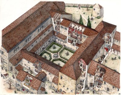 Middle Ages: Reconstruction of a Monastery and the Life of Nuns or Monks, Illustration by Giorgio Albertini by Giorgio Albertini