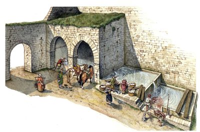 Middle Ages: reconstruction of a spring water fountain in central Italy in the 15th century. It is used as a washing house, watering and water point for the inhabitants of the city. by Giorgio Albertini