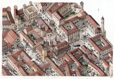 Middle Ages: reconstruction of the historic Barri Gotic district in Barcelona in the 14th century. The Cathedral of Saint Eulalia is visible. Illustration by Giorgio Albertini. by Giorgio Albertini