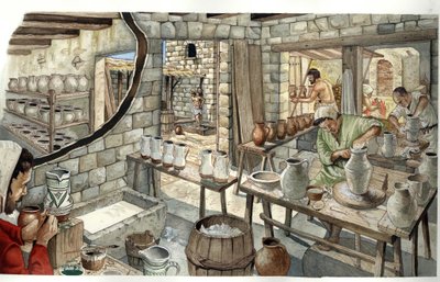 Middle Ages: representation of a ceramics and pottery workshop in the 14th century. by Giorgio Albertini