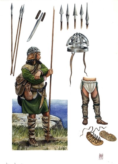 Middle Ages: Representation of an Almogavar, Mercenary Soldier from the Kingdom of Aragon Catalonia, 14th Century by Giorgio Albertini