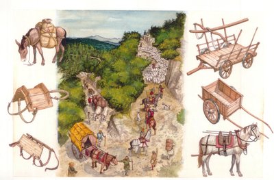 Middle Ages: representation of different types of land transport, movement of goods. by Giorgio Albertini