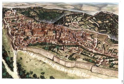 Middle Ages: view of the medieval town of Volterra, surrounded by ramparts, 14th century, Tuscany, Italy. Illustration by Giorgio Albertini. by Giorgio Albertini