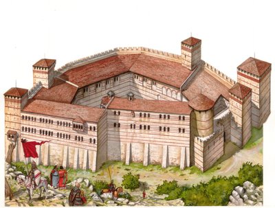 Middle Ages: view of the monastery of Tarnowo in the 14th century in Serbia (present-day Kosovo). by Giorgio Albertini