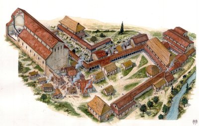 Preroman art: aerial view of the Benedictine monastery of Saint Vincent of Volturne, founded in the 8th century, Castel San Vincenzo, Italy. Illustration by Giorgio Albertini. by Giorgio Albertini