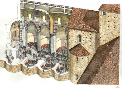 Reconstruction of the Basilica of St. John Lateran in the 8th century, showing the triclinium and the inauguration ceremony of a pope. Rome. by Giorgio Albertini