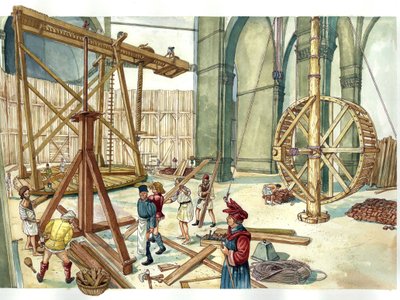 Renaissance: reconstruction of the construction site of the dome of Santa Maria del Fiore, designed by Filippo Brunelleschi, 1436, Florence, Italy. Illustration by Giorgio Albertini. by Giorgio Albertini