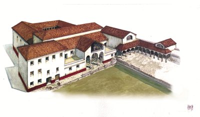 Roman antiquity: reconstruction of the site of the domus of the Marine Gate in ancient Ostia in the 4th century, Italy. by Giorgio Albertini