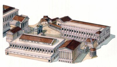 Roman antiquity: reconstruction of the Roman forum during the time of Emperor Augustus. by Giorgio Albertini
