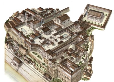 Roman antiquity: reconstruction of Mount Palatine in the 4th century, with palaces built by emperors Augustus, Nero, and Septimius Severus. Rome, Italy. by Giorgio Albertini
