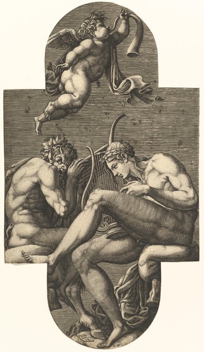 Apollo, Pan, and a Putto Blowing a Horn, from a Series of Eight Compositions After France by Giorgio Ghisi